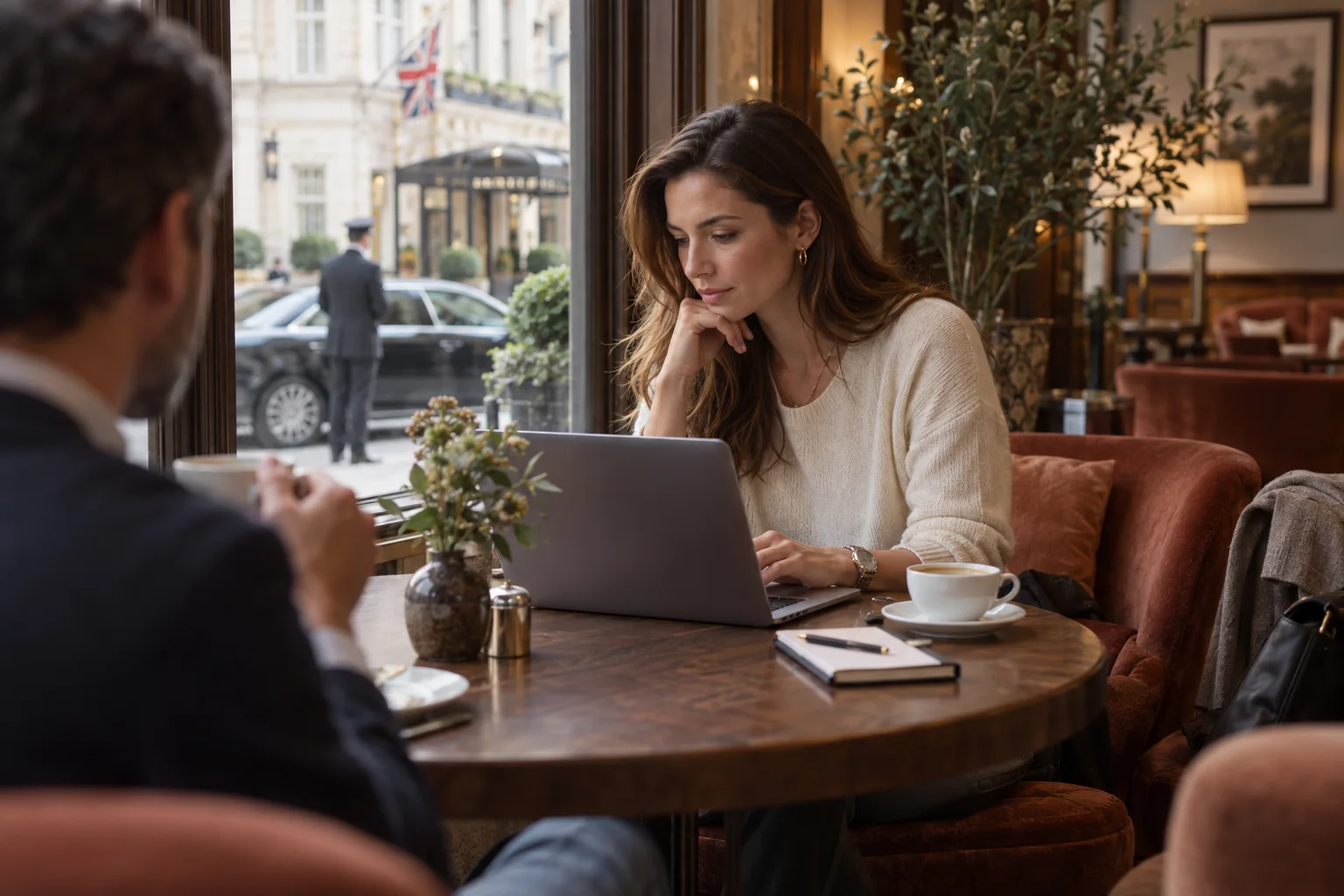 Illustrative scene of a traveller planning a private journey in a hotel lounge.