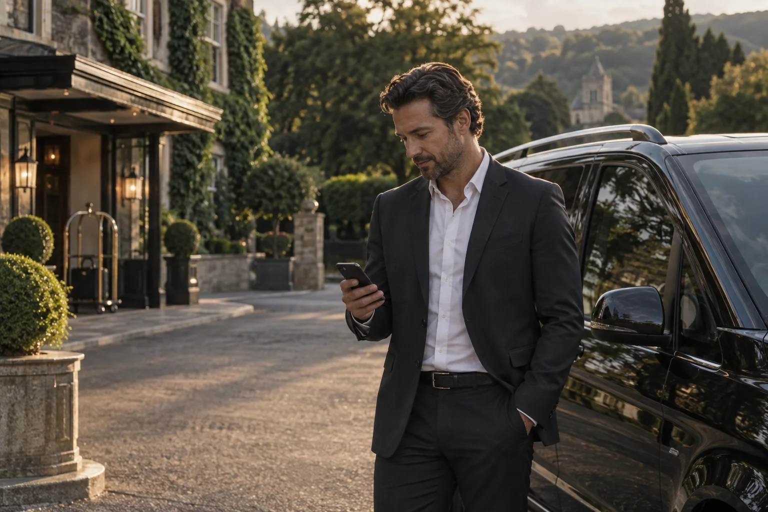 Illustrative chauffeur checking journey details beside a parked vehicle