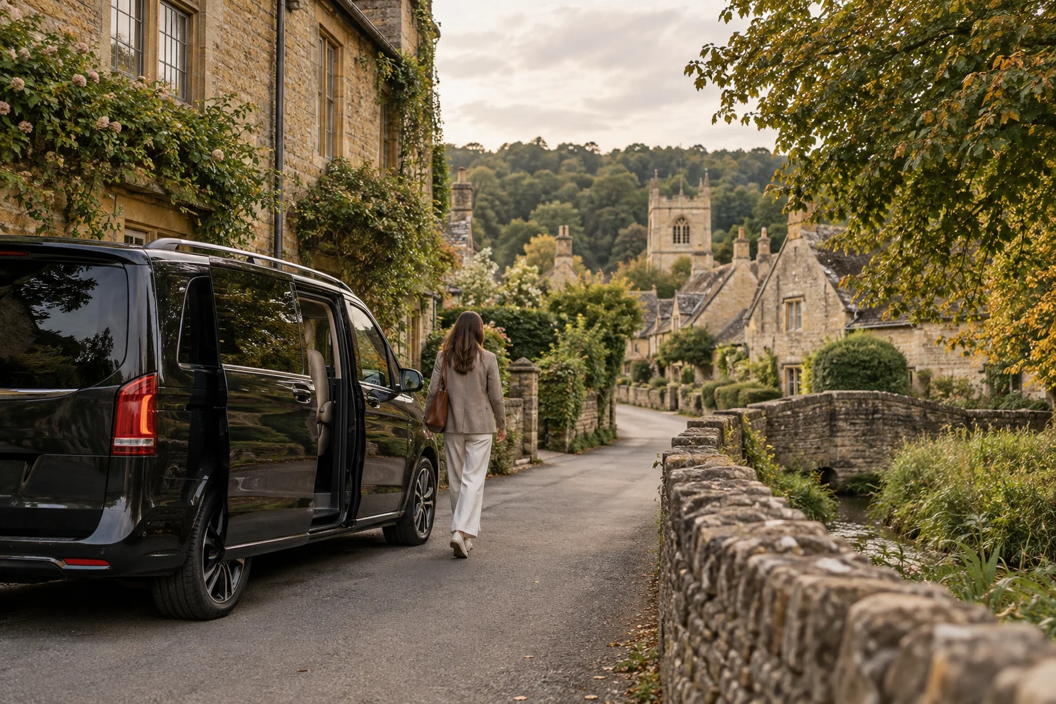 Illustrative private tour stop in a Cotswold village with an executive MPV.