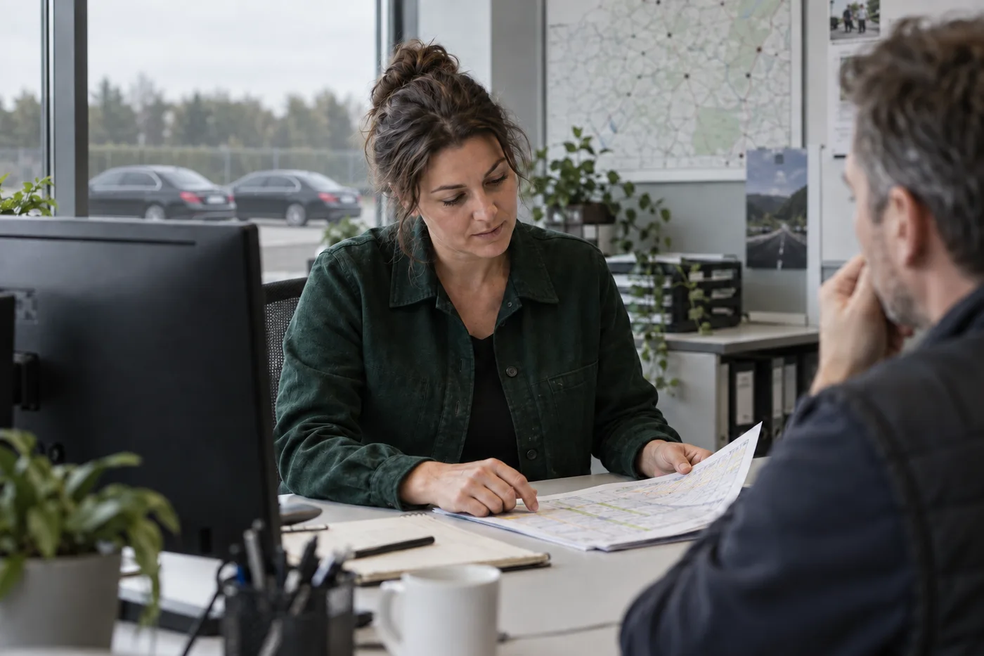 Illustrative scene of an operations team reviewing a journey together at the office.