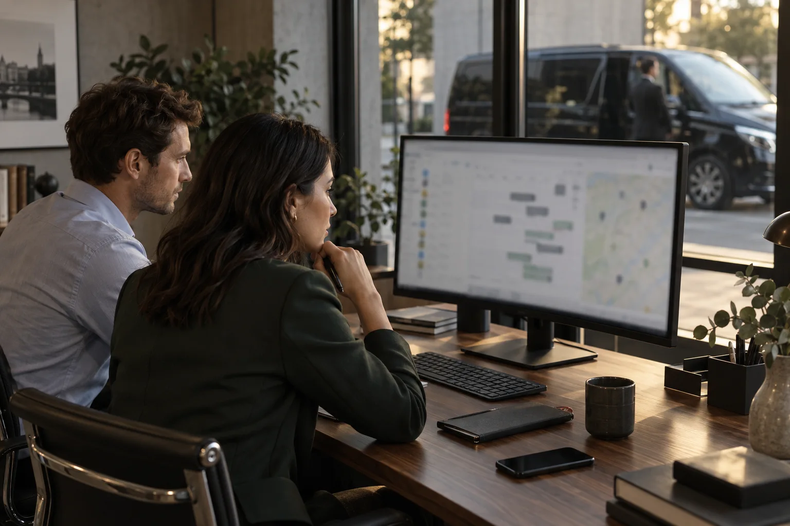 Illustrative scene of two operators reviewing the day's work in a chauffeur office.