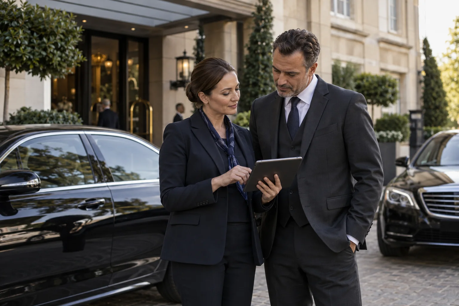 Illustrative scene of two chauffeurs reviewing a handover beside their parked vehicles.