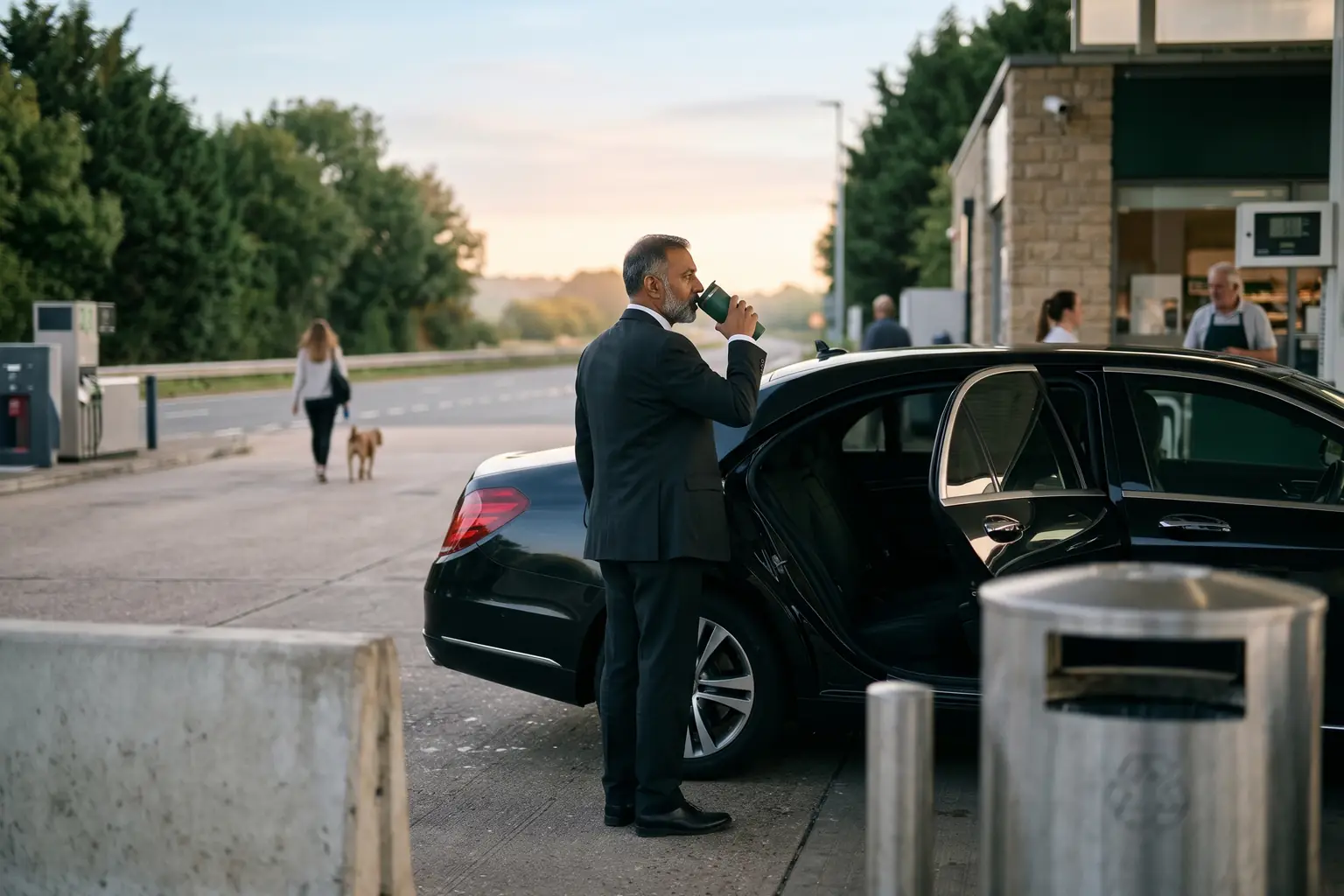 A driver with a coffee beside a dark car at a motorway service area in the early morning.