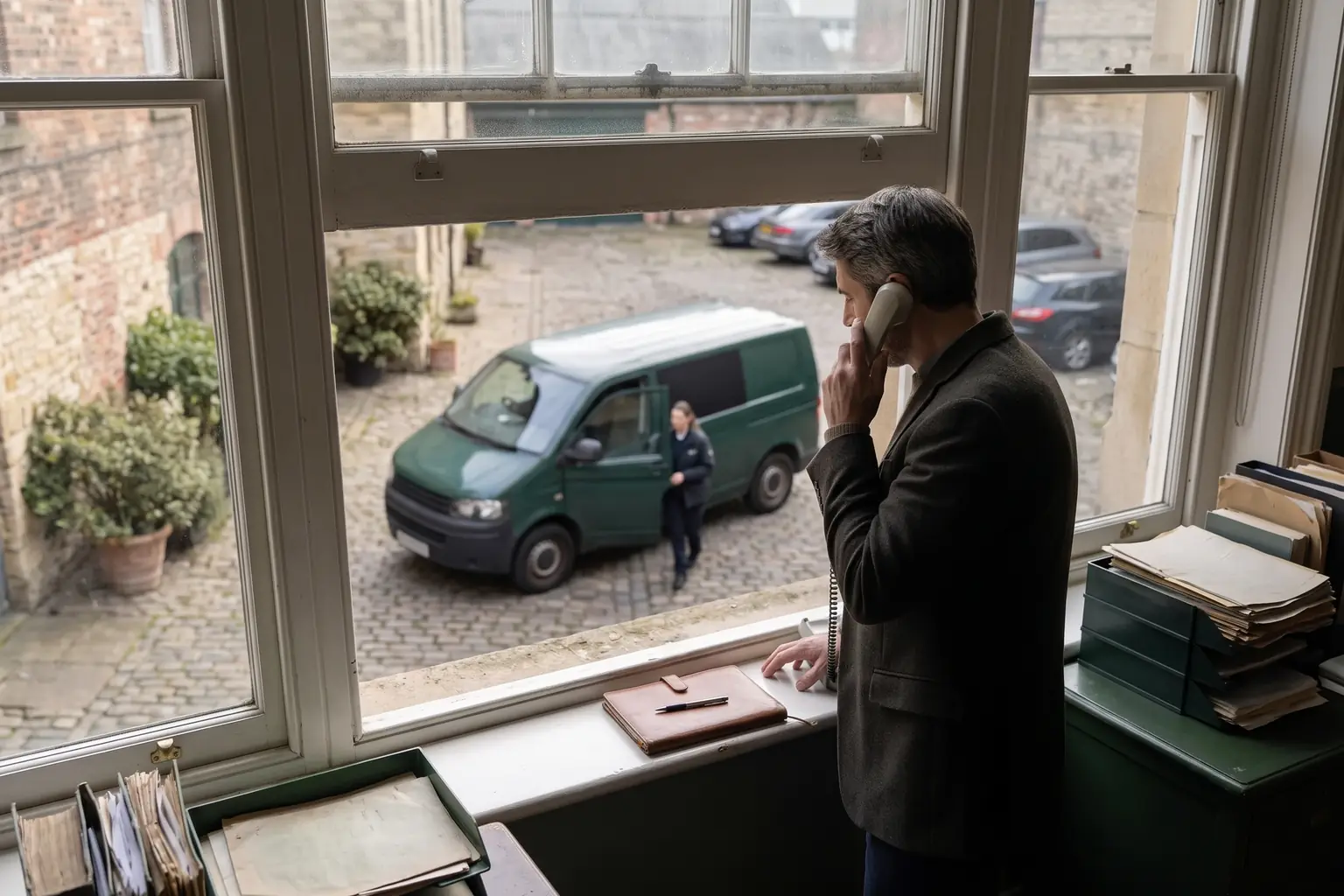 A chauffeur company owner on the phone at a window, looking out at a van arriving in the yard.