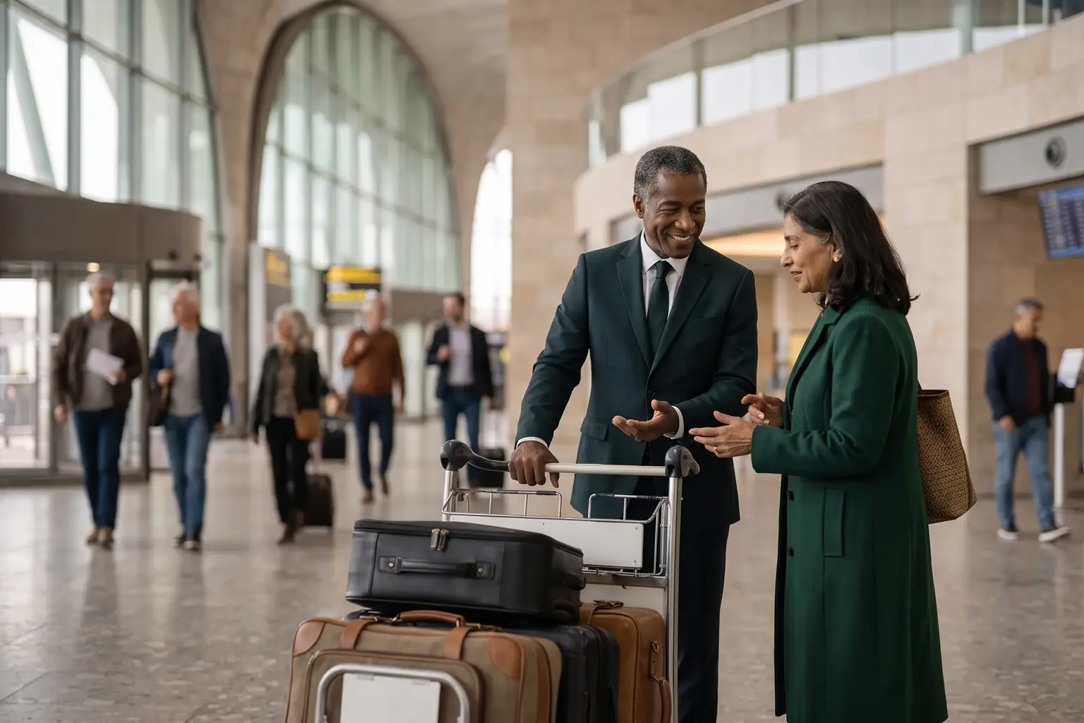 A chauffeur and a passenger counting suitcases on a luggage trolley in a terminal.