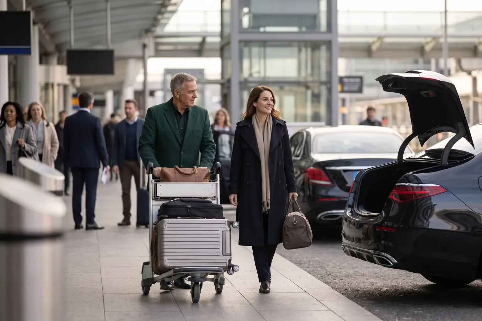 A chauffeur pushing a luggage trolley beside a passenger towards a black saloon with its boot open.
