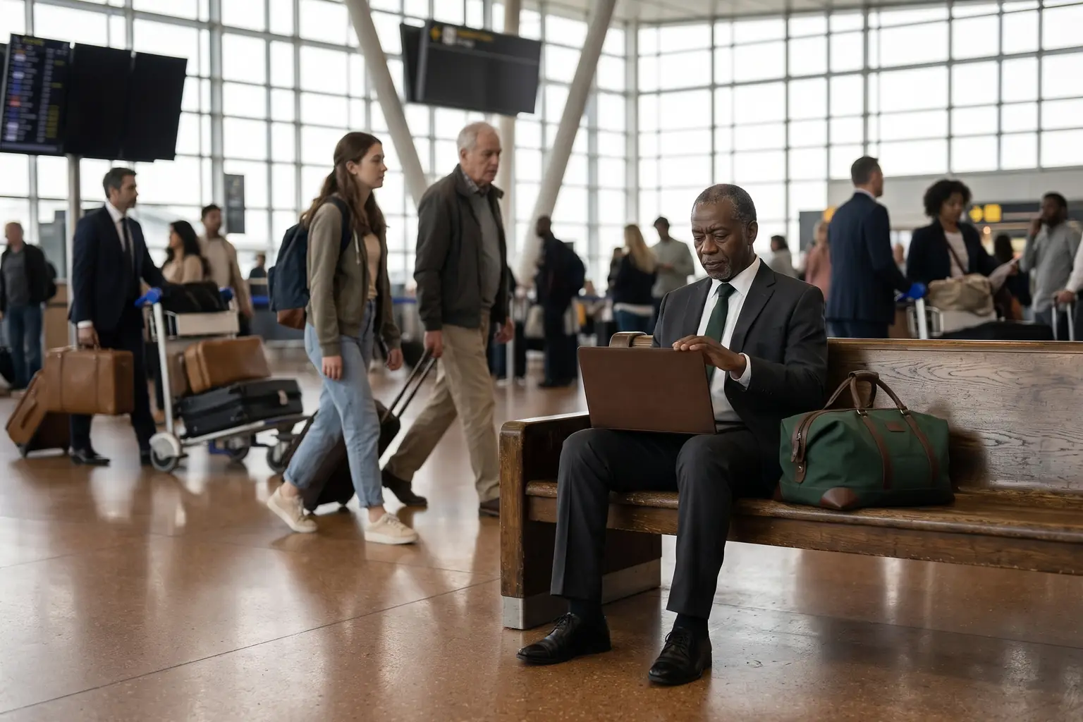 A chauffeur waiting on a bench in a busy airport arrivals hall.