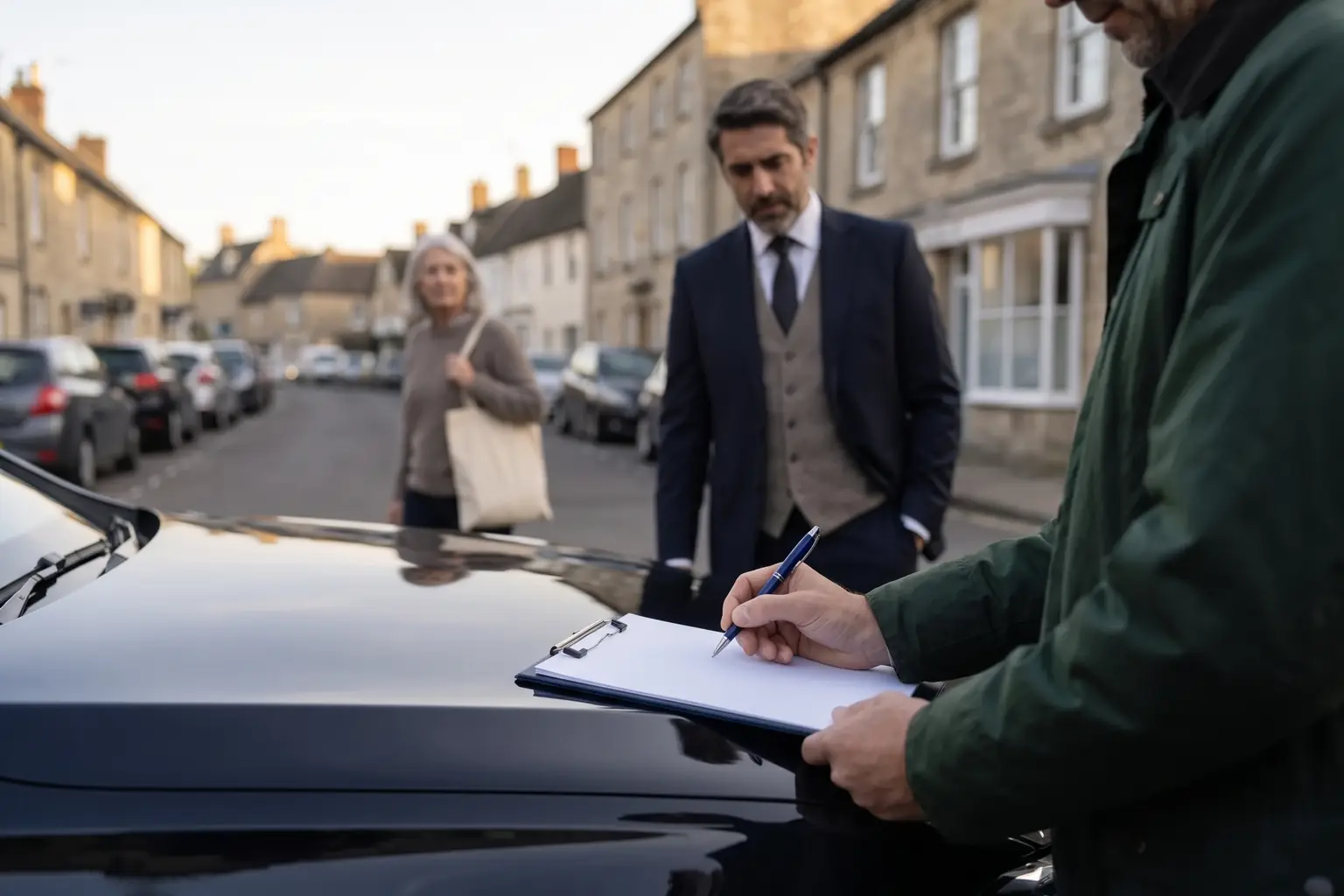 A hand with a pen marking a sheet on a clipboard resting on the bonnet of a black car.