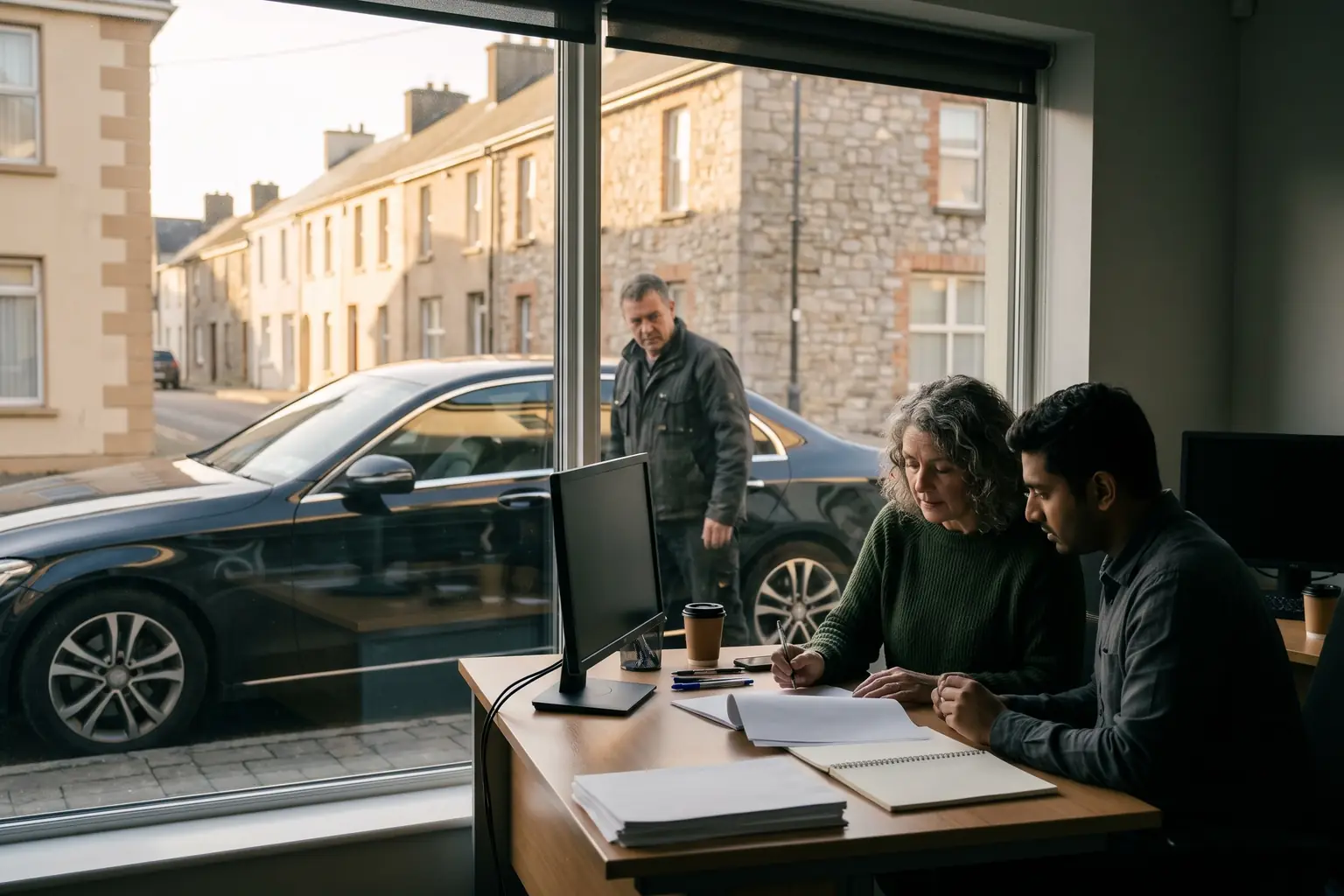 A woman reviewing paperwork with a colleague over a desk at the end of the day.