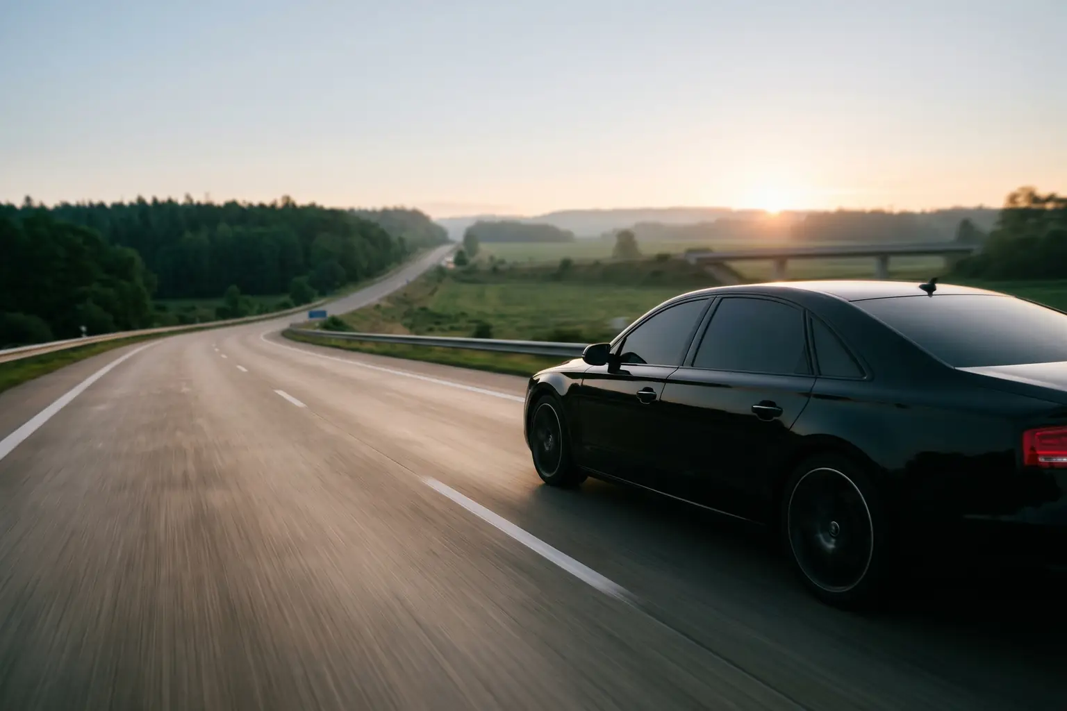 A black executive saloon alone on an empty motorway at dawn.