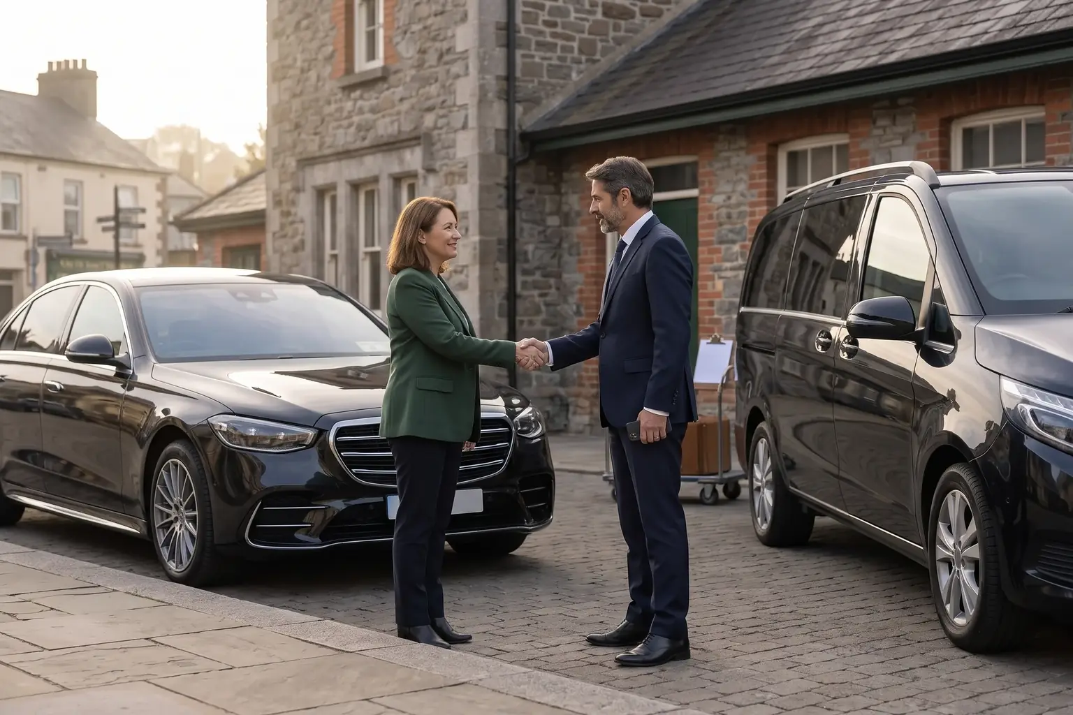 Two chauffeur company owners shaking hands between a parked saloon and a van.