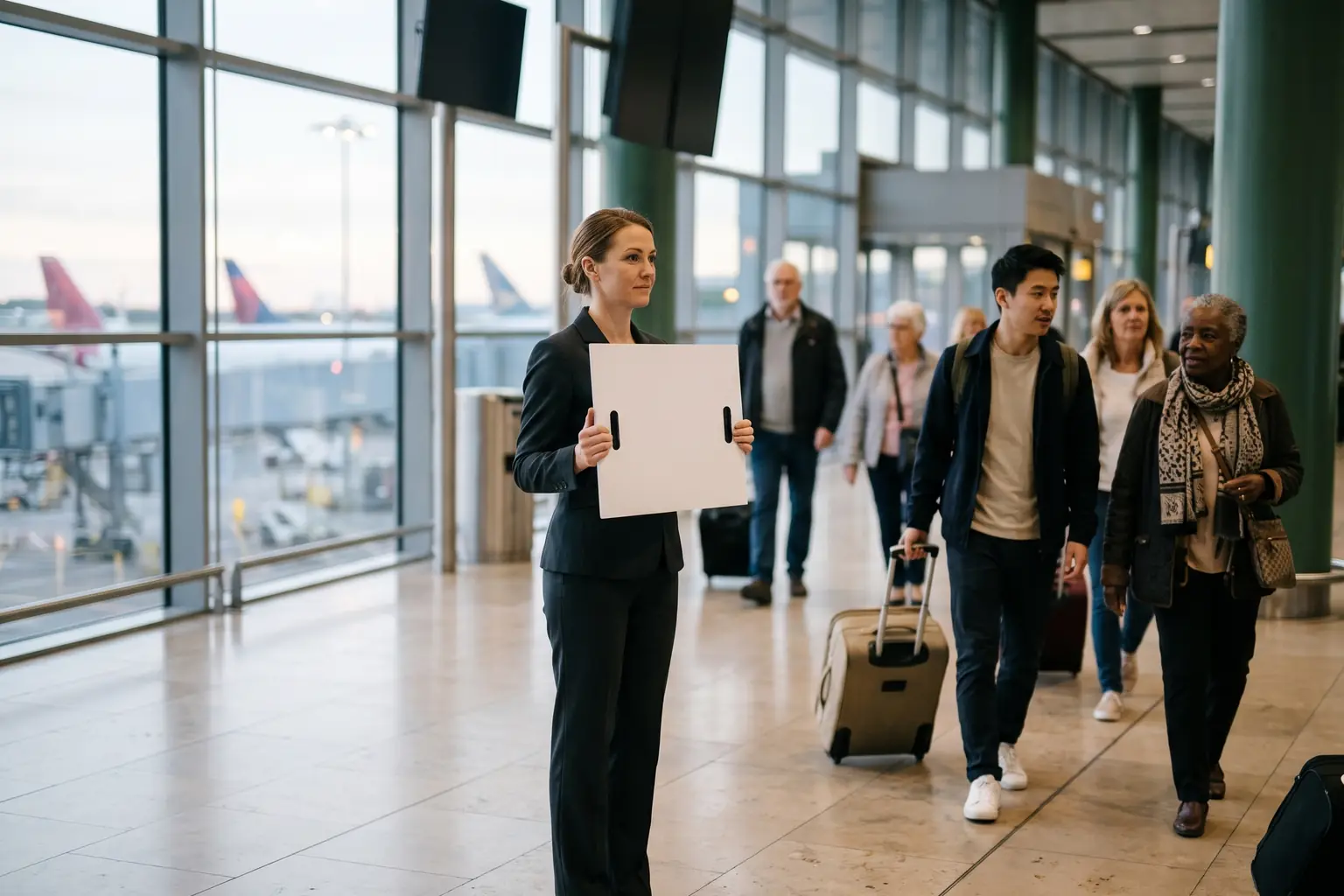 A woman chauffeur waiting in a bright airport arrivals hall, holding a board against her chest.