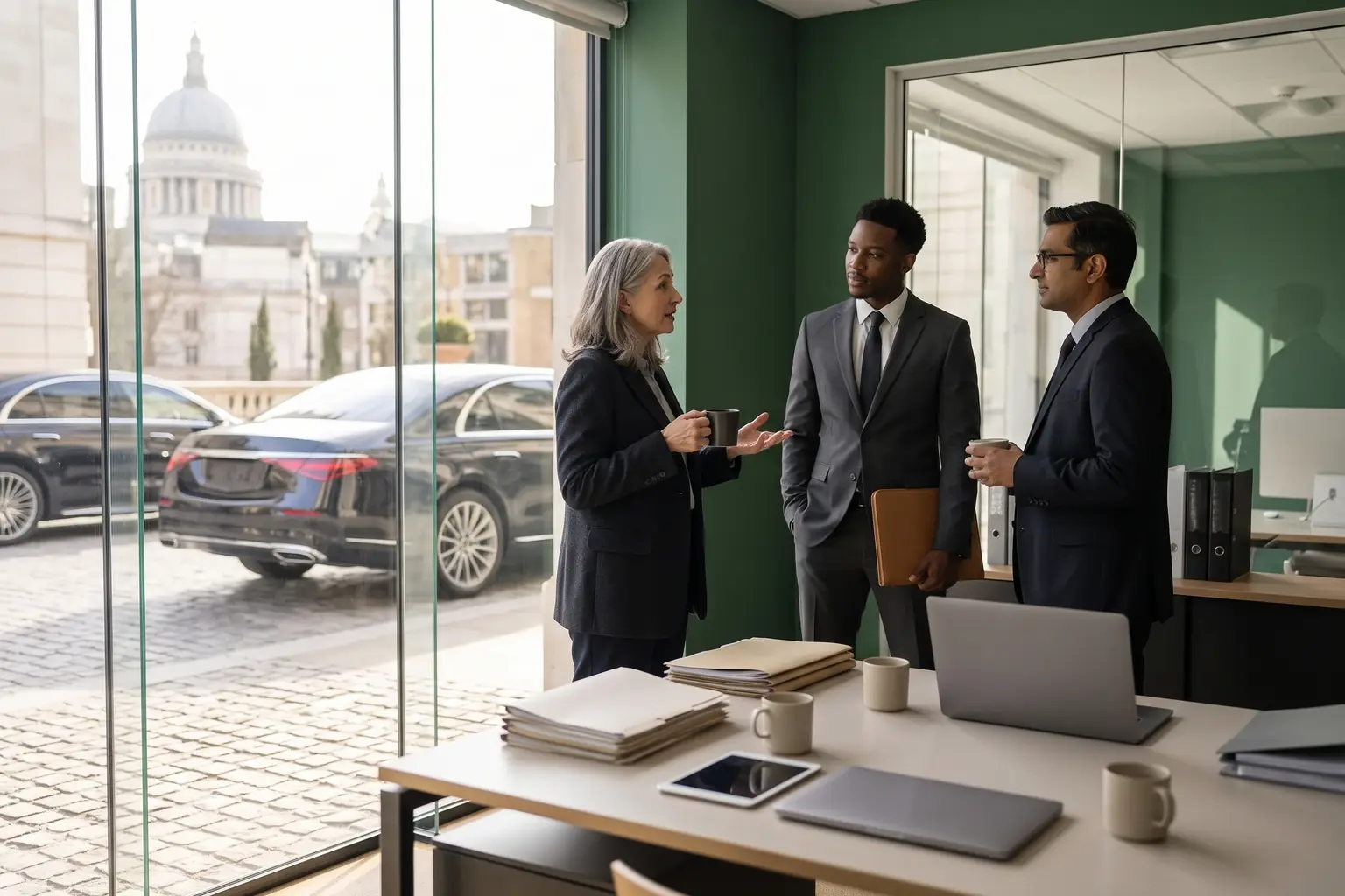 A small operations team having a standing conversation with coffee in a bright office.