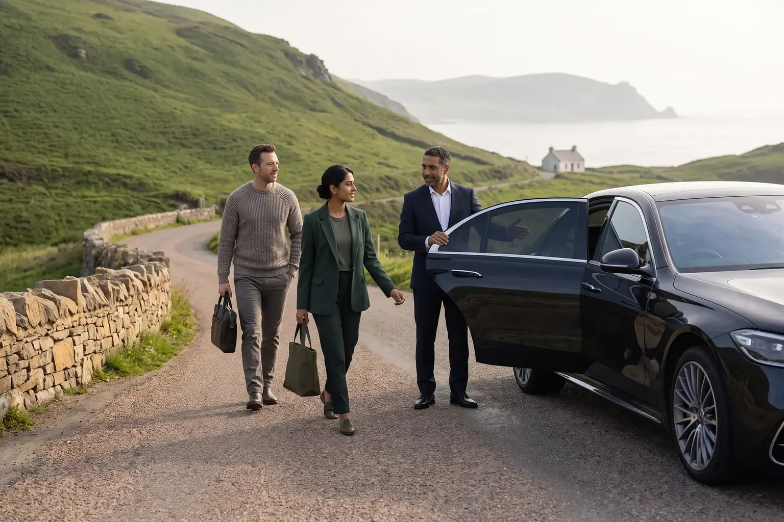A chauffeur opening the rear door of a dark car for two guests on a coastal road.