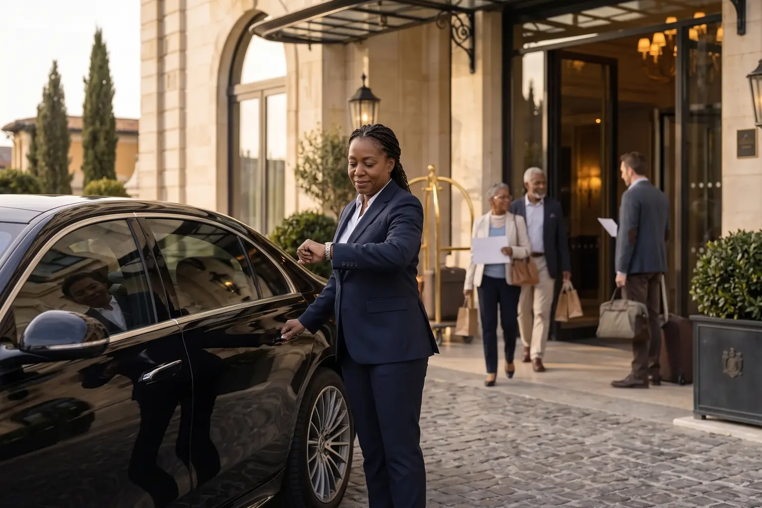 A chauffeur beside a black executive car outside a hotel, glancing at a wristwatch.