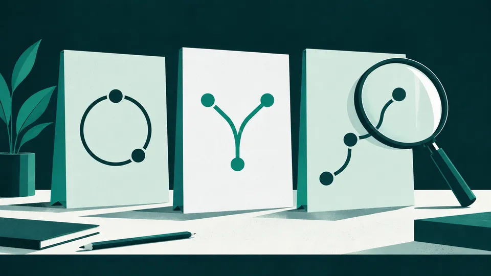 Three folios with different route symbols and a magnifying glass, representing software comparison.