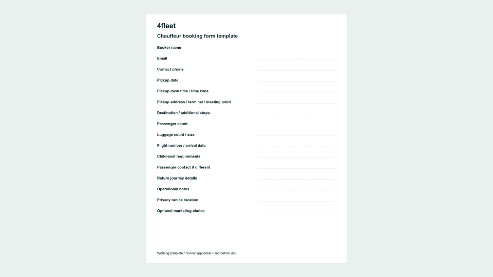 Chauffeur booking form template: blank worksheet preview.