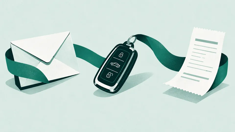 An envelope, car key and receipt connected along one route, representing the booking lifecycle.