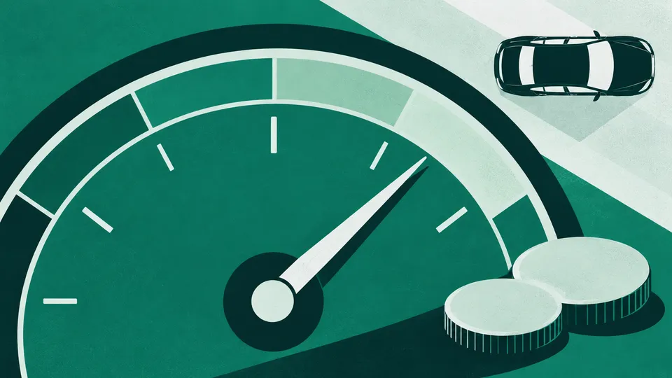 An unnumbered gauge beside coins and a vehicle, representing business performance measurement.