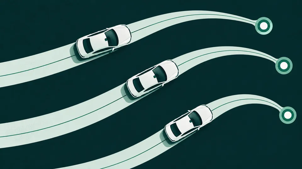 Three cars following separate routes, representing an organised dispatch day.