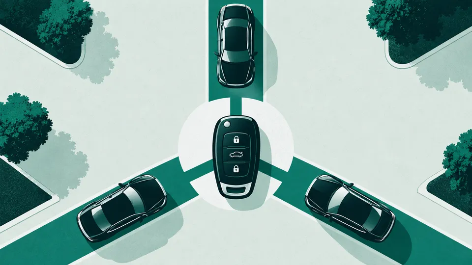 A car key at the centre of three routes leading to vehicles, representing dispatch assignments.