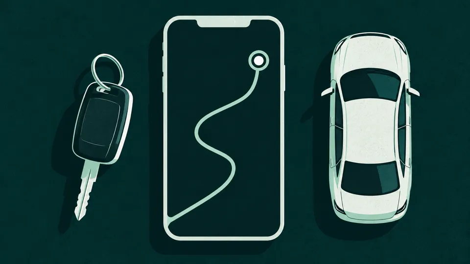 A simplified phone with a route beside a car key and vehicle, representing a driver's job brief.