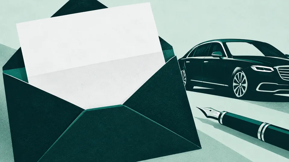 An open envelope with a quote document and pen beside a sedan silhouette.