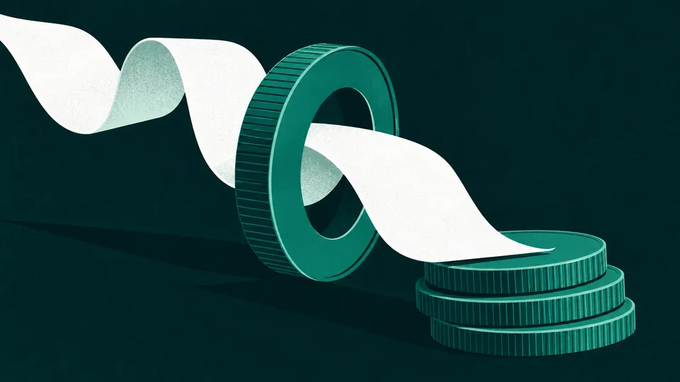 A receipt curling beside a stack of plain coins, representing invoices and payments.