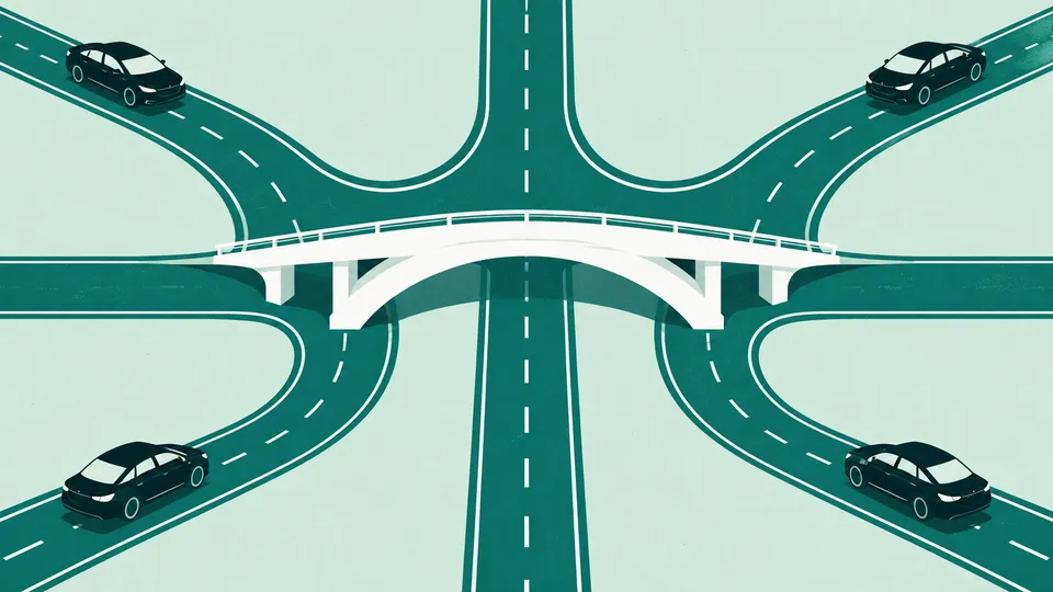 Four vehicles connected by roads and a central bridge, representing a partner network.