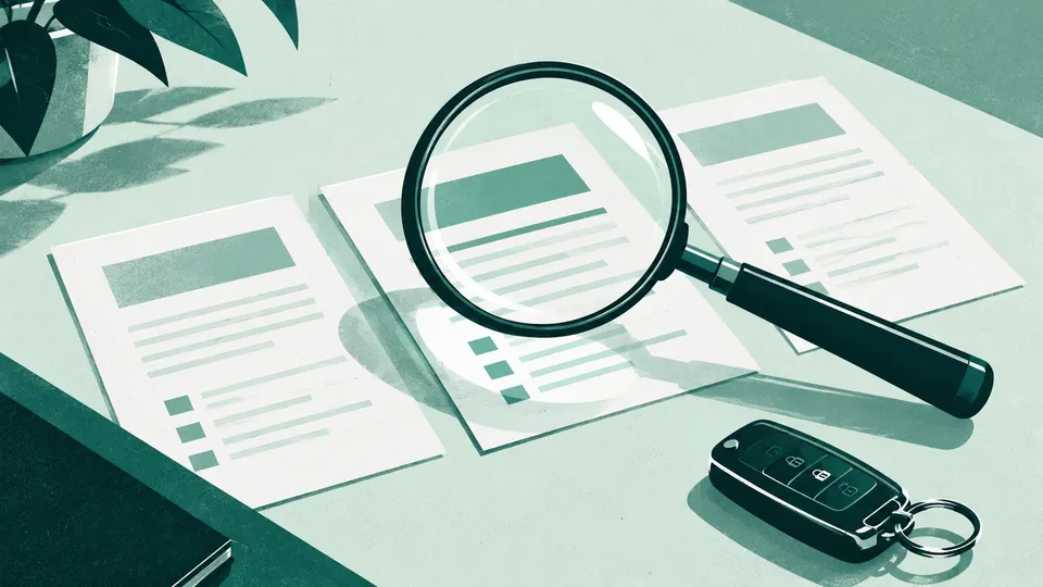 Magnifying glass over three documents beside a car key, representing a software evaluation.