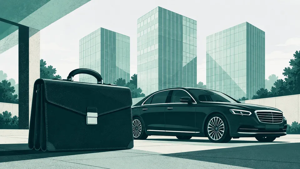 An executive briefcase and sedan in front of office buildings, representing corporate accounts.