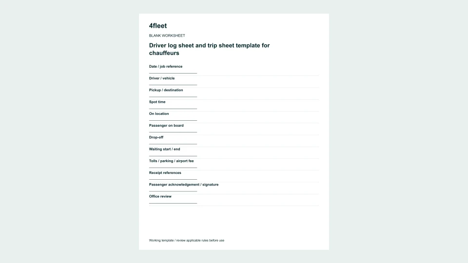 Driver log sheet and trip sheet template for chauffeurs: blank worksheet preview.