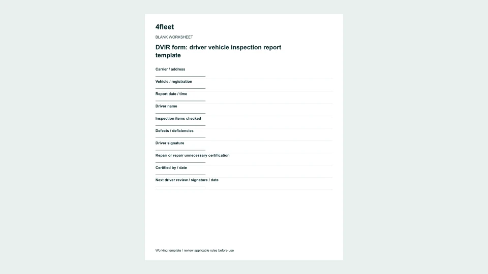 Dvir form: driver vehicle inspection report template: blank worksheet preview.
