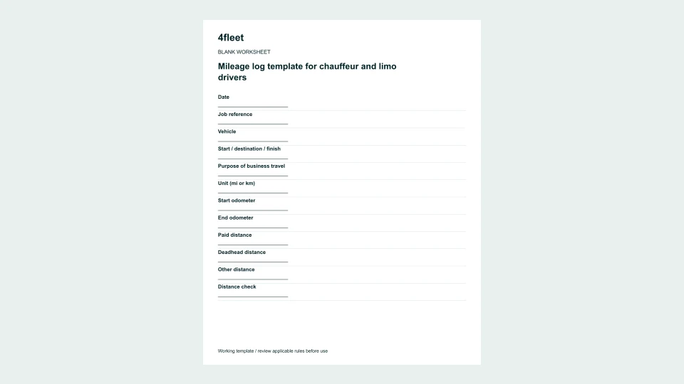Mileage log template for chauffeur and limo drivers: blank worksheet preview.