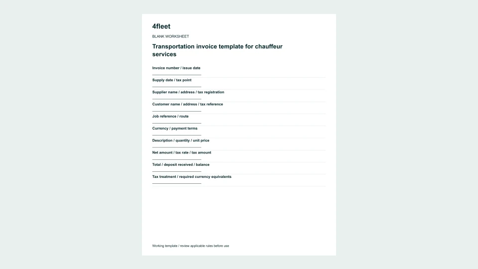Transportation invoice template for chauffeur services: blank worksheet preview.