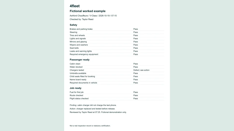 The vehicle inspection worksheet filled in with a fictional Ashford Chauffeurs example.