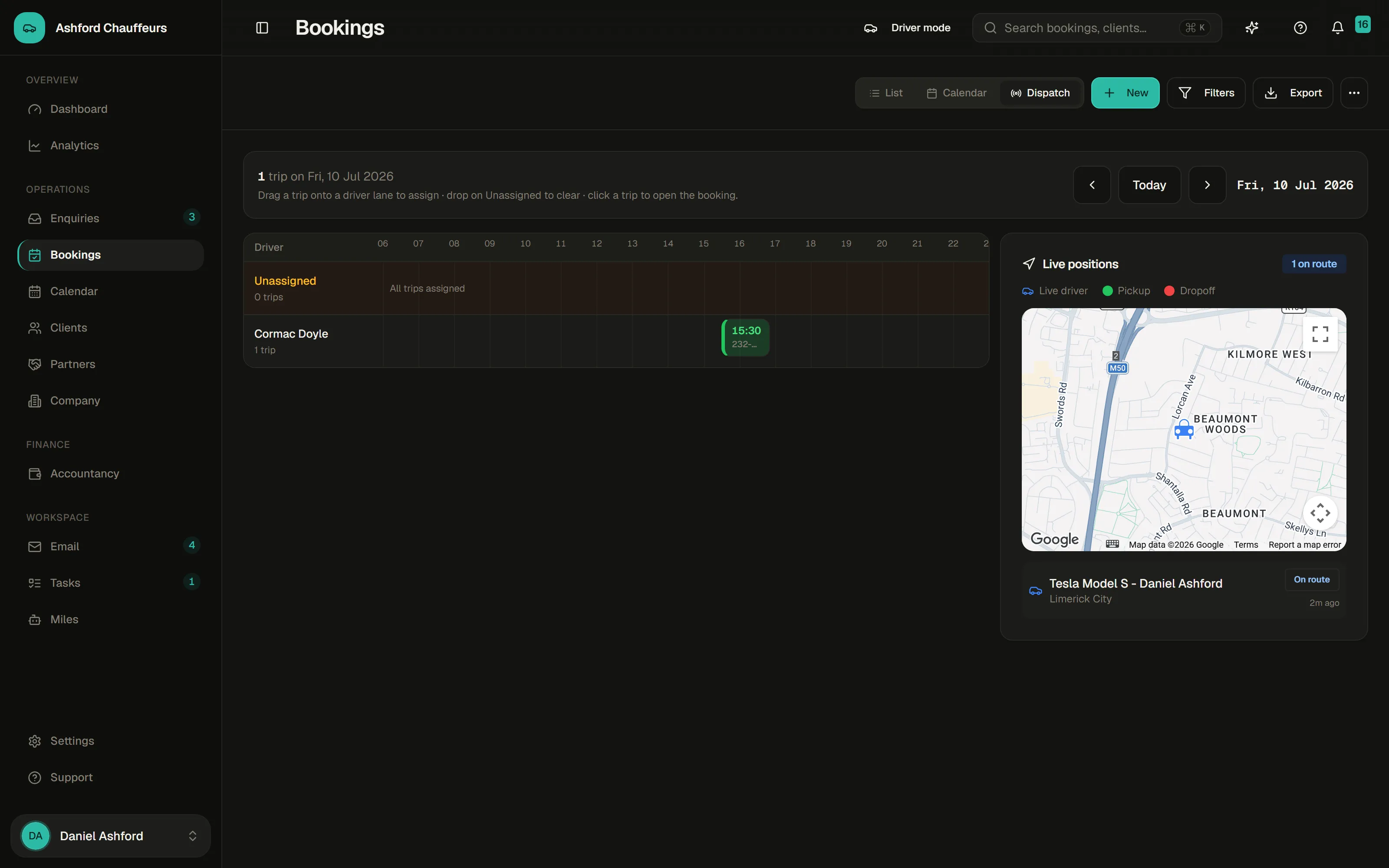 Dispatch board for chauffeur journeys in the 4fleet demo workspace