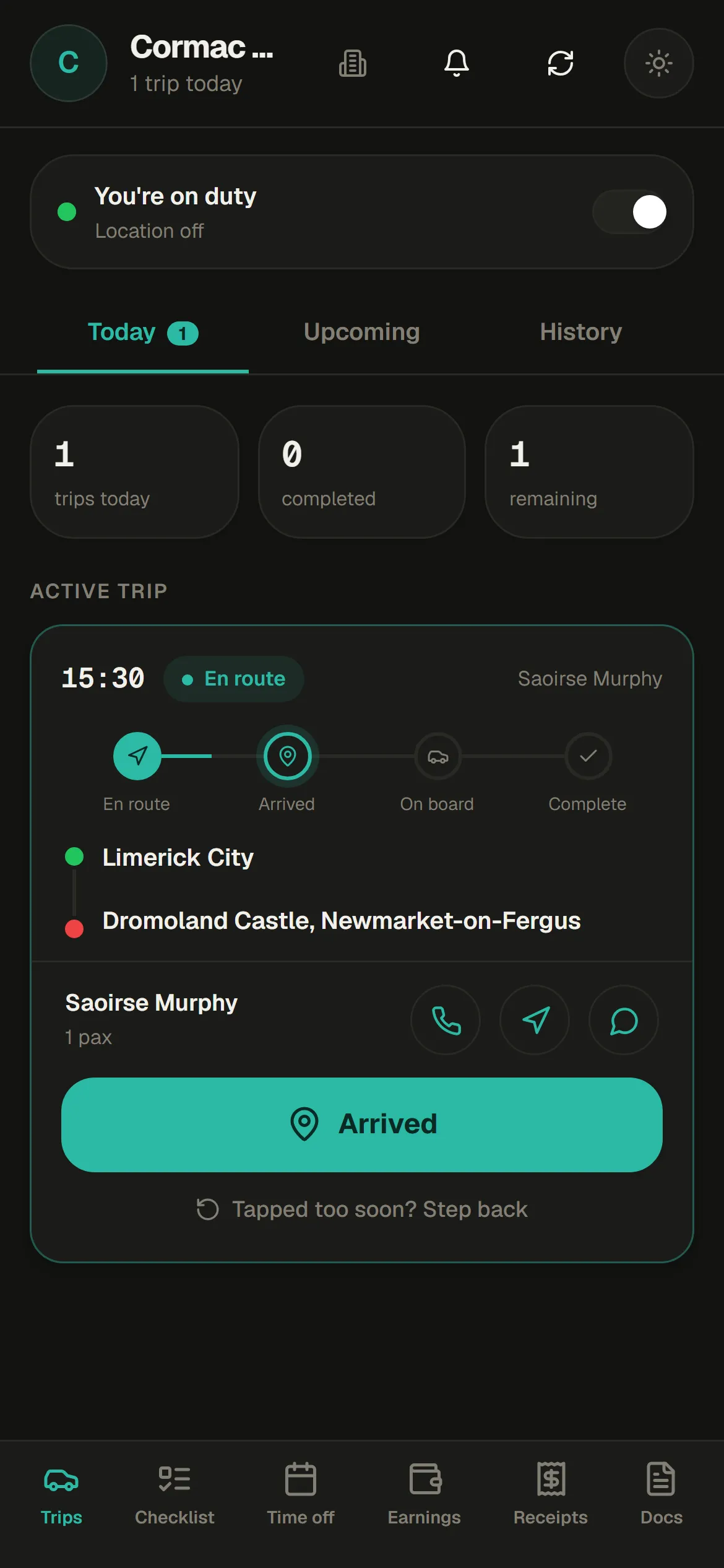 4fleet day of the job view in dark mode