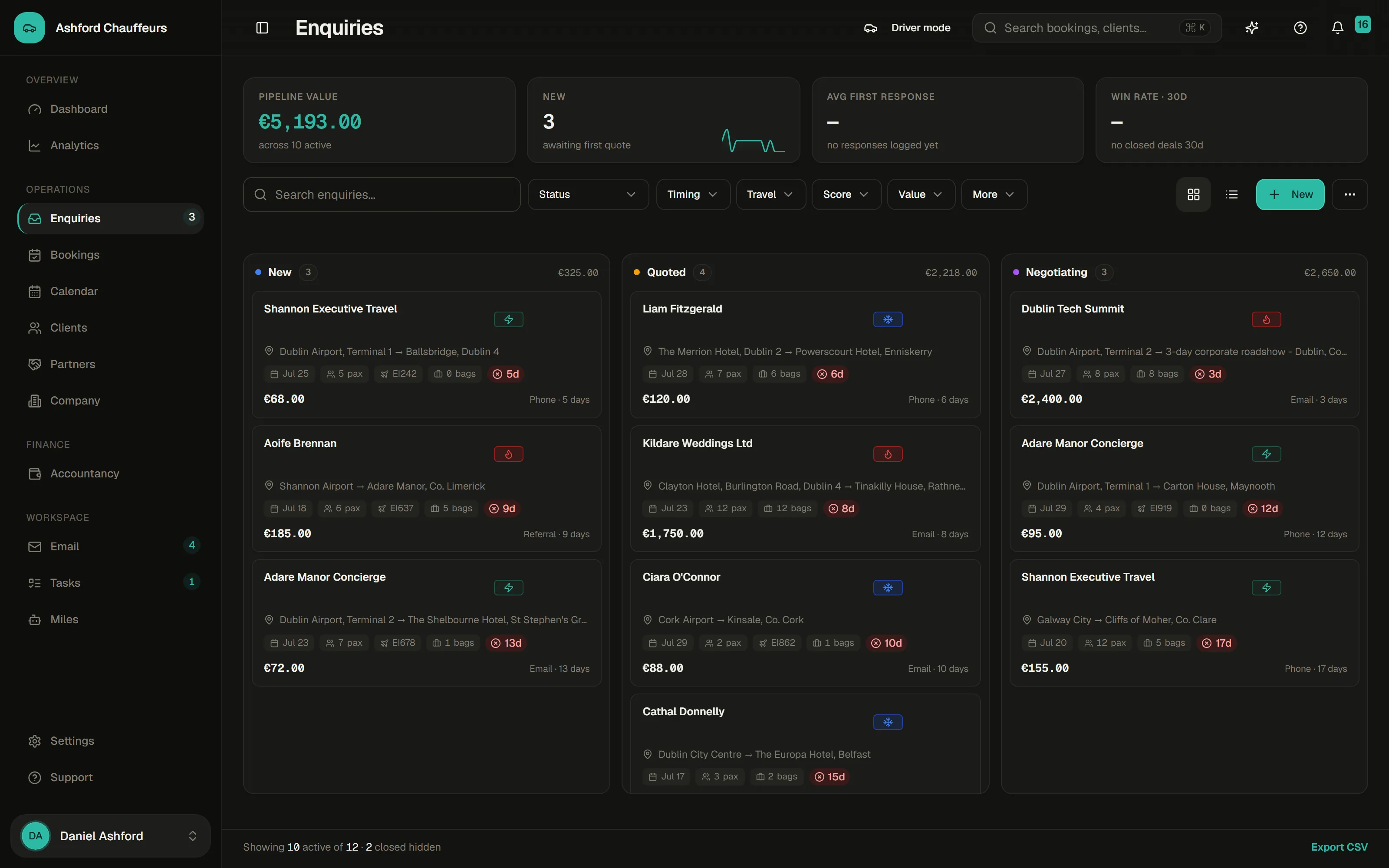 4fleet enquiry arrives view in dark mode
