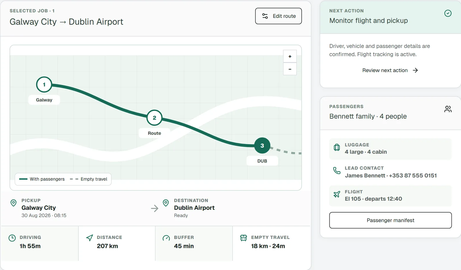 4fleet booking route from Galway City to Dublin Airport with driving time, distance, buffer and empty travel, next to passengers, luggage and flight