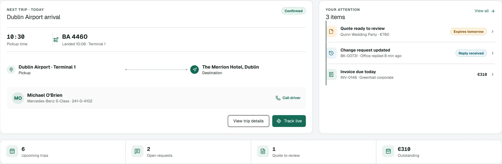 4fleet client portal with the next Dublin Airport pickup, assigned driver, quote review, requests and invoices
