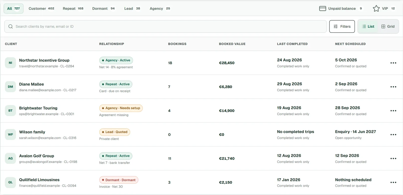 4fleet client list with relationship type, payment terms, bookings, booked value and last and next jobs for each client