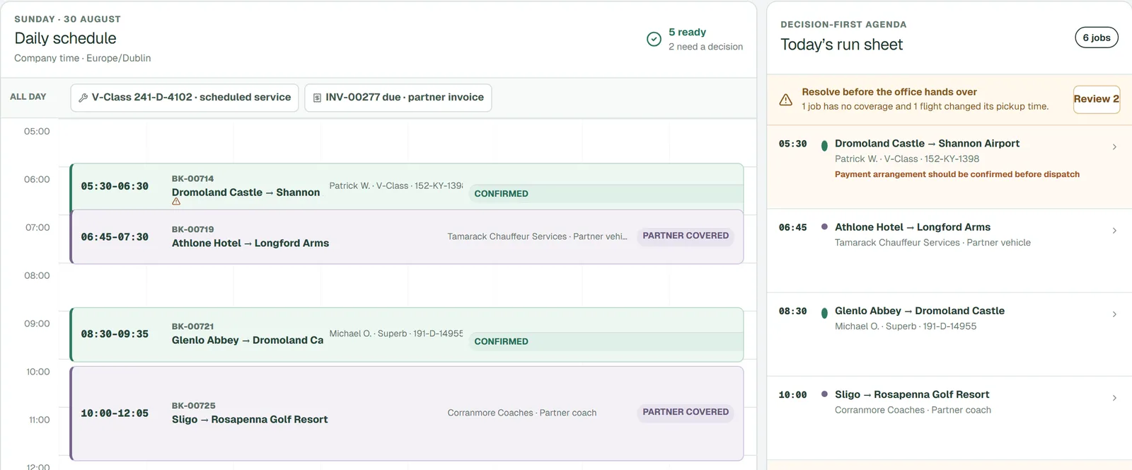 4fleet daily schedule with jobs by time, the driver or partner on each, confirmed and partner-covered states, and a run sheet for the day