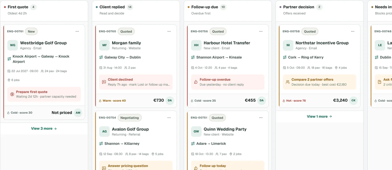 4fleet enquiry board with columns for first quote, client replied, follow-up due and partner decision, each card showing route, date, passengers and value