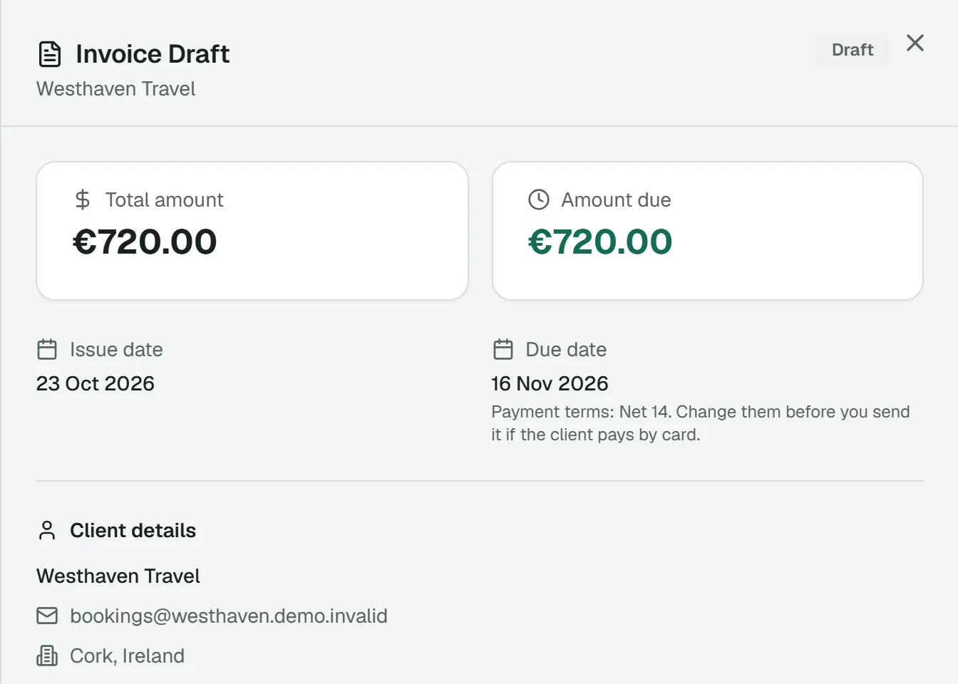 A 4fleet invoice draft with its total, due date and client details.