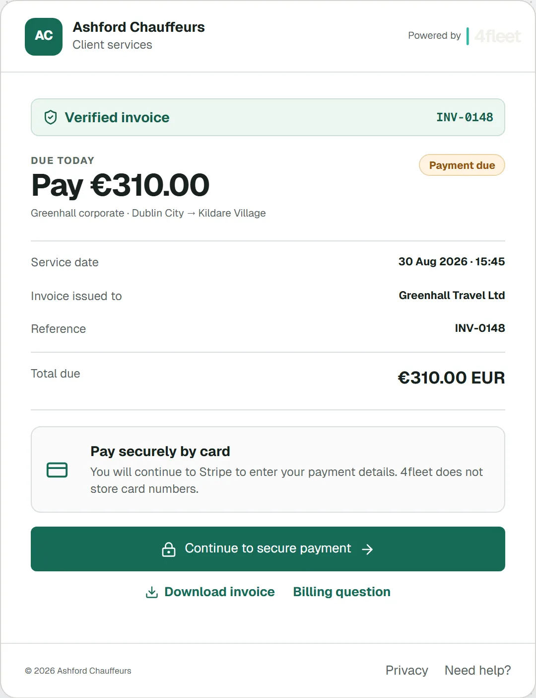 4fleet invoice payment page showing the amount due, the service date, the reference and a button to continue to secure card payment