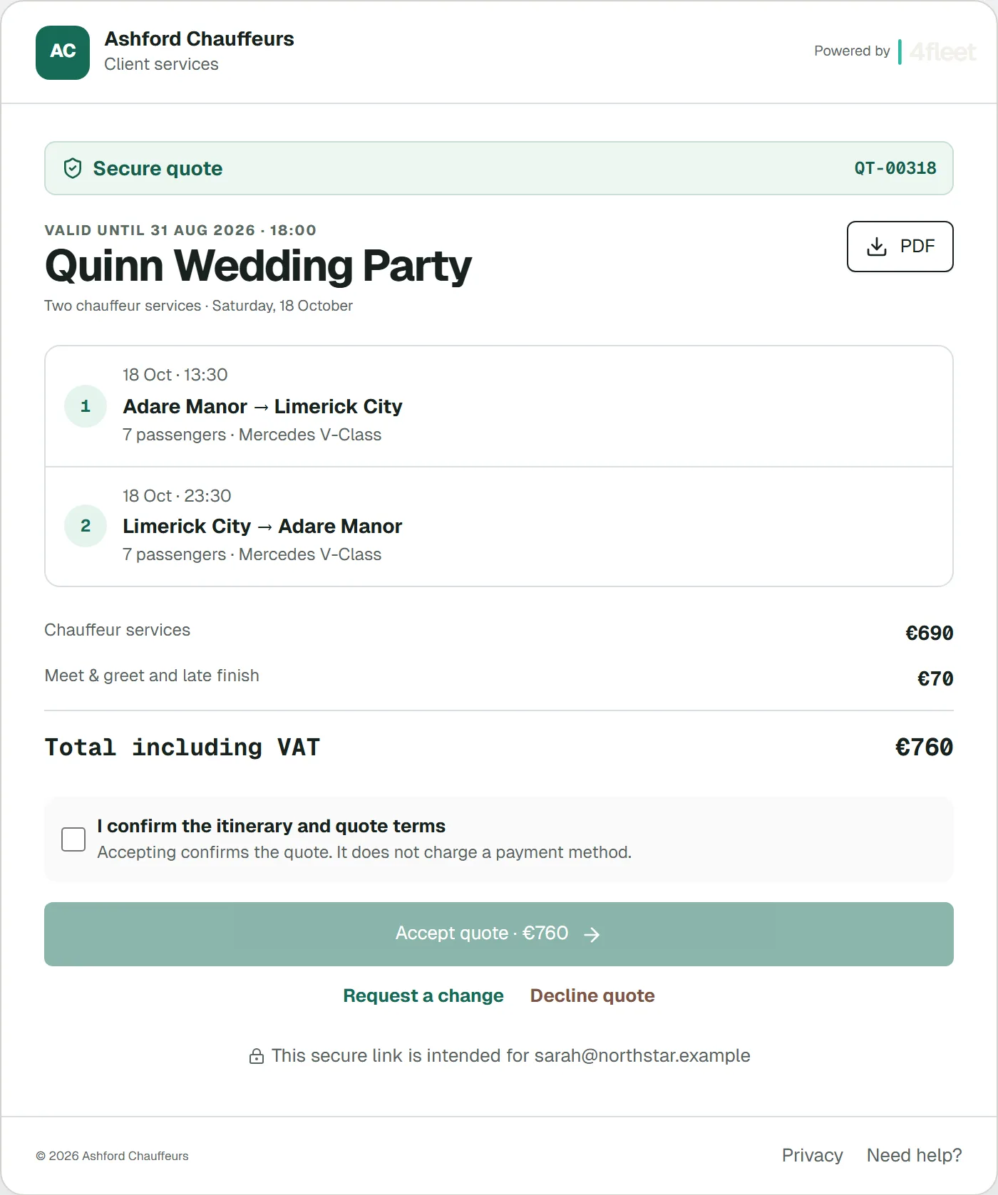 4fleet quote page for a wedding party with two journeys, the vehicle, line items, the total and buttons to accept, request a change or decline