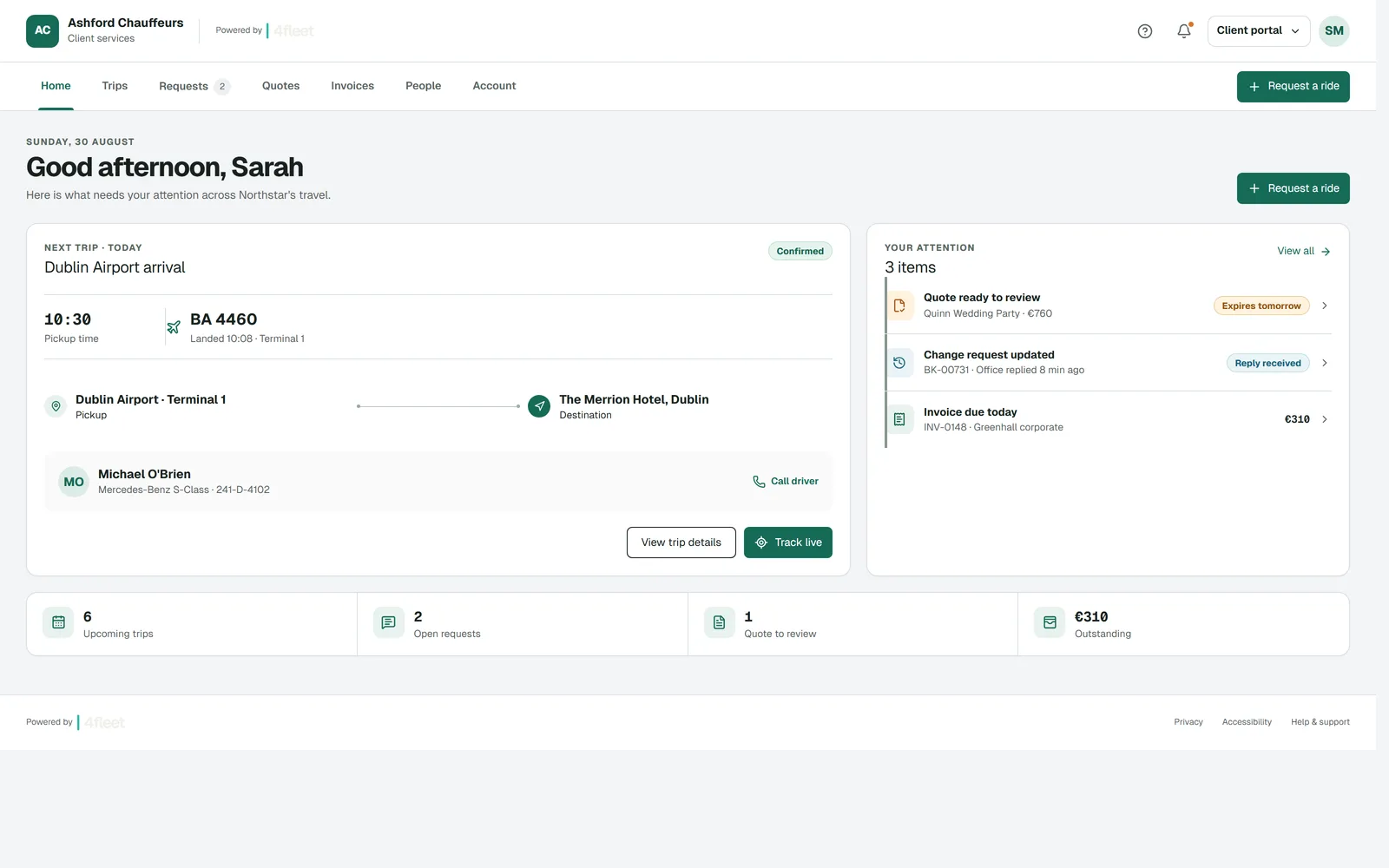 4fleet client portal for a corporate traveller showing the next airport pickup with flight, driver and vehicle, and items needing attention