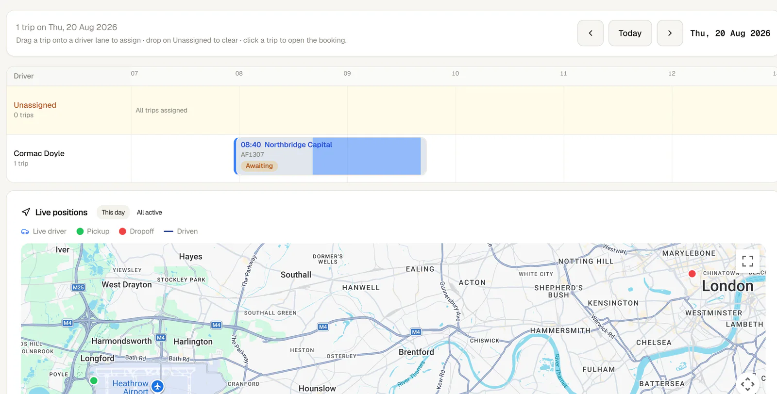 The dispatch board in the product with jobs assigned to drivers and vehicles across a working day.